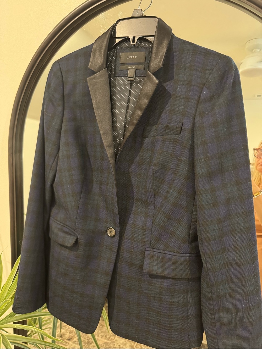 J. Crew Black Watch Plaid Blazer with Leather Trim Collar - Black & Blue